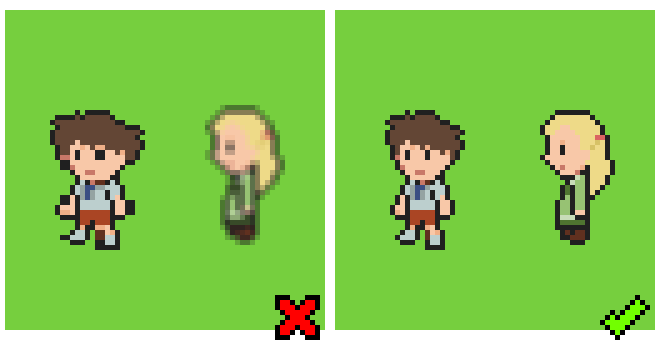 a comparison of distorted sprites and correctly rendered sprites